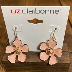 Liz Claiborne rose gold-tone & pale pink flower drop earrings w/bead center NWT